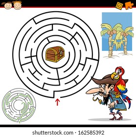 Cartoon Vector Illustration of Education Maze or Labyrinth Game for Preschool Children with Funny Pirate with Parrot and Treasure