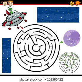 Cartoon Vector Illustration of Education Maze or Labyrinth Game for Preschool Children with Funny Alien Character and Space