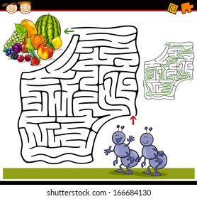 Cartoon Vector Illustration of Education Maze or Labyrinth Game for Preschool Children with Funny Ants and Fruits