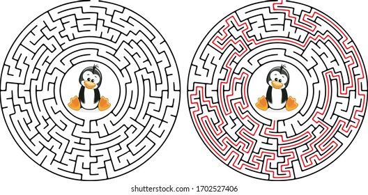 Cartoon Vector Illustration of Education Maze or Labyrinth Game for Preschool Children with Funny Penguin