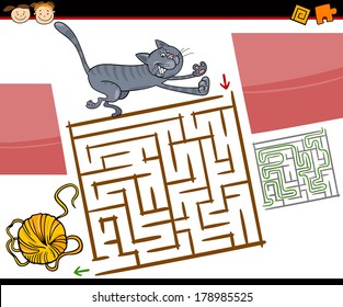 Cartoon Vector Illustration of Education Maze or Labyrinth Game for Preschool Children with Cute Cat and Yarn