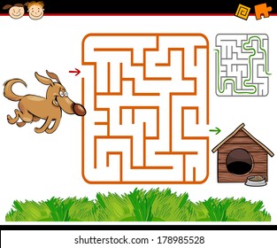 Cartoon Vector Illustration of Education Maze or Labyrinth Game for Preschool Children with Funny Dog and Doghouse or Kennel