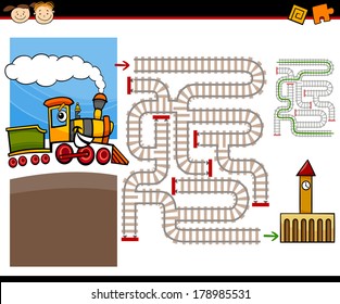 Cartoon Vector Illustration Of Education Maze Or Labyrinth Game For Preschool Children With Cute Steam Engine Train And Railways