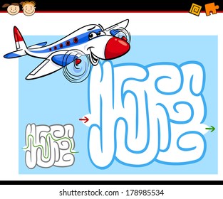 Cartoon Vector Illustration of Education Maze or Labyrinth Game for Preschool Children with Funny Airplane