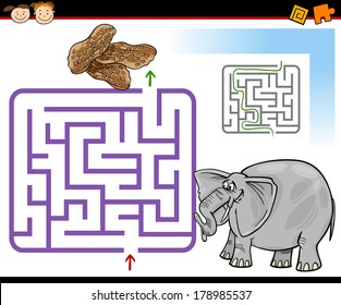 Cartoon Vector Illustration of Education Maze or Labyrinth Game for Preschool Children with Cute Elephant and Peanuts