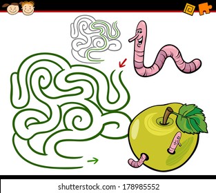 Cartoon Vector Illustration of Education Maze or Labyrinth Game for Preschool Children with Funny Worm and Apple