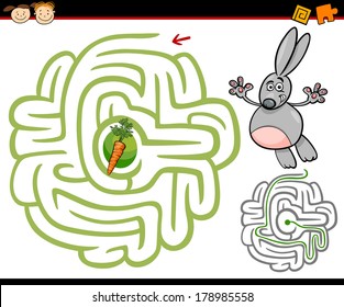 Cartoon Vector Illustration of Education Maze or Labyrinth Game for Preschool Children with Cute Rabbit or Bunny and Carrot