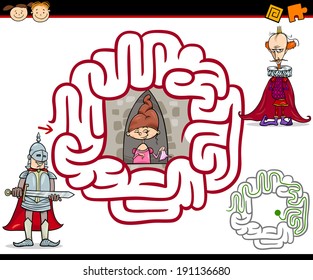 Cartoon Vector Illustration of Education Maze or Labyrinth Game for Preschool Children with Knight and Princess or Lady