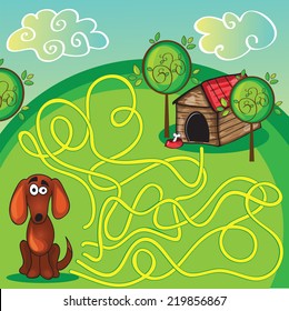 Cartoon Vector Illustration of Education Maze or Labyrinth Game for Preschool Children with Funny Dog and Doghouse 