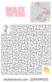 Cartoon Vector Illustration of Education Maze or Labyrinth Game for Preschool Children. Puzzle. Tangled Road.  Outline Of little mouse with cheese. 