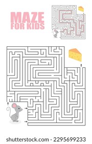 Cartoon Vector Illustration of Education Maze or Labyrinth Game for Preschool Children. Puzzle. Tangled Road.  Outline Of little mouse with cheese. 