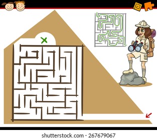 Cartoon Vector Illustration of Education Maze or Labyrinth Game for Preschool Children with Girl Traveler and Pyramid