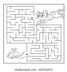 Cartoon Vector Illustration of Education Maze or Labyrinth Game for Preschool Children. Puzzle. Coloring Page Outline Of cat with toy mouse. Coloring book for kids.