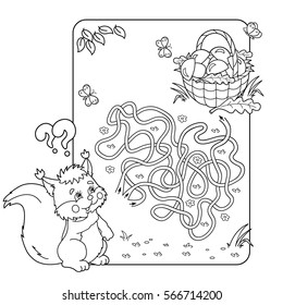 Cartoon Vector Illustration of Education Maze or Labyrinth Game for Preschool Children. Puzzle. Tangled Road. Coloring Page Outline Of squirrel with basket of mushrooms. Coloring book for kids.