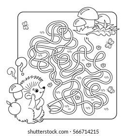 Cartoon Vector Illustration of Education Maze or Labyrinth Game for Preschool Children. Puzzle. Tangled Road. Coloring Page Outline Of hedgehog with mushrooms. Coloring book for kids.