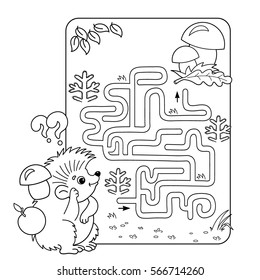 Cartoon Vector Illustration of Education Maze or Labyrinth Game for Preschool Children. Puzzle. Coloring Page Outline Of hedgehog with mushrooms. Coloring book for kids.