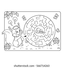 Cartoon Vector Illustration of Education Maze or Labyrinth Game for Preschool Children. Puzzle. Coloring Page Outline Of squirrel with mushrooms. Coloring book for kids.