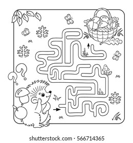 Cartoon Vector Illustration of Education Maze or Labyrinth Game for Preschool Children. Puzzle. Coloring Page Outline Of hedgehog with basket of mushrooms. Coloring book for kids.