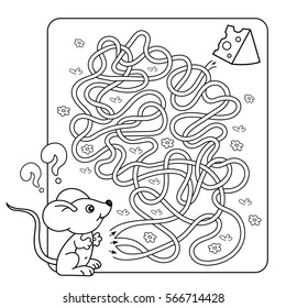 Cartoon Vector Illustration of Education Maze or Labyrinth Game for Preschool Children. Puzzle. Tangled Road. Coloring Page Outline Of little mouse with cheese. Coloring book for kids.