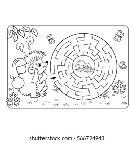 Cartoon Vector Illustration of Education Maze or Labyrinth Game for Preschool Children. Puzzle. Coloring Page Outline Of hedgehog with mushrooms. Coloring book for kids.