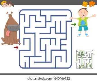 Cartoon Vector Illustration of Education Maze or Labyrinth Leisure Game with Boy and Dog