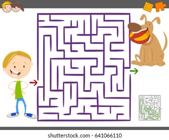 Cartoon Vector Illustration of Education Maze or Labyrinth Leisure Game with Boy and his Dog