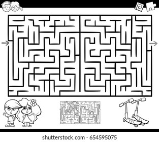 Cartoon Vector Illustration of Education Maze or Labyrinth Game for Children with Kids and Scooters Coloring Page
