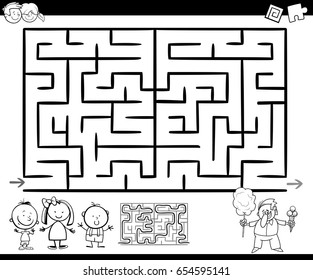 Cartoon Vector Illustration of Education Maze or Labyrinth Game for Children with Kids Cotton Candy Seller Coloring Page