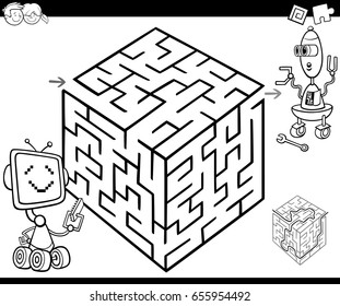 Cartoon Vector Illustration of Education Maze or Labyrinth Game for Children with Robot Characters Coloring Page