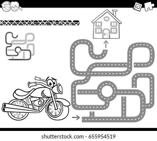 Cartoon Vector Illustration of Education Maze or Labyrinth Game for Children with Motorbike Character Coloring Page