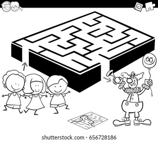 Cartoon Vector Illustration of Education Maze or Labyrinth Game for Kids with Children and Clown Coloring Page