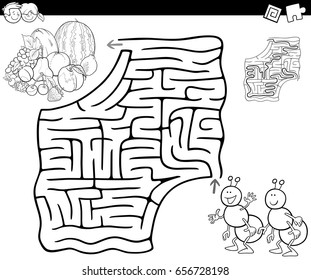 Cartoon Vector Illustration of Education Maze or Labyrinth Game for Children with Ants and Fruits Coloring Page