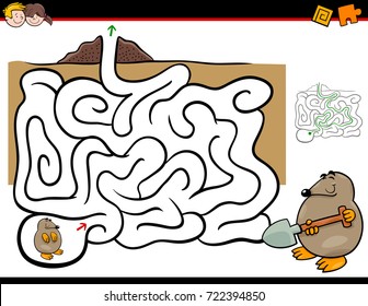 Cartoon Vector Illustration of Education Maze or Labyrinth Activity Game for Children with Mole Animal Character