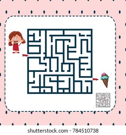 Cartoon Vector Illustration of Education Maze or Labyrinth Leisure Game with Girl and Her Ice Cream.