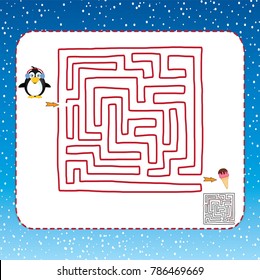 Cartoon Vector Illustration of Education Maze or Labyrinth Leisure Game with Penguin and Ice Cream.