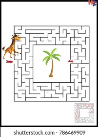 Cartoon Vector Illustration of Education Maze or Labyrinth Leisure Game with Giraffe and Palm Tree.