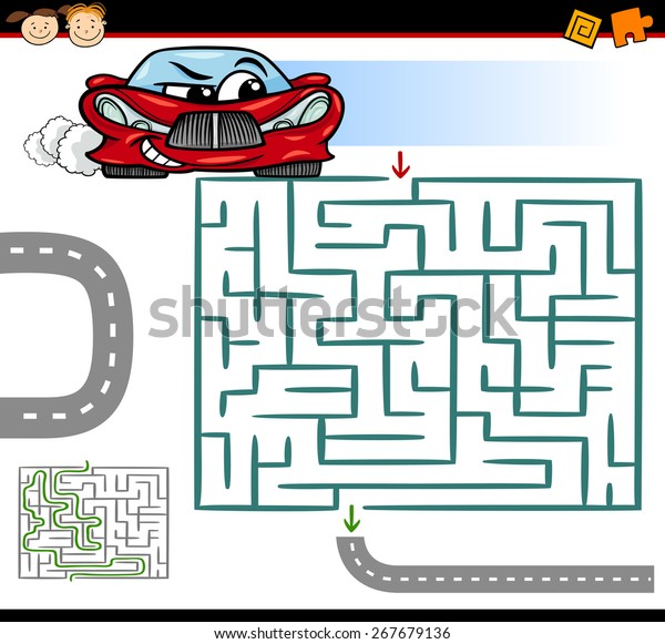 Cartoon Vector\
Illustration of Education Maze or Labyrinth Game for Preschool\
Children with Funny\
Car