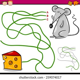 Cartoon Vector Illustration of Education Path or Maze Game for Preschool Children with Mouse and Cheese