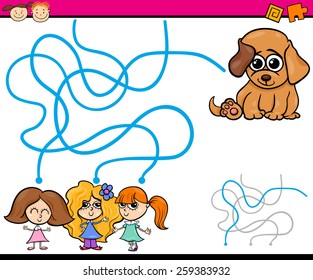 Cartoon Vector Illustration of Education Path or Maze Game for Preschool Children with Girls and Puppy