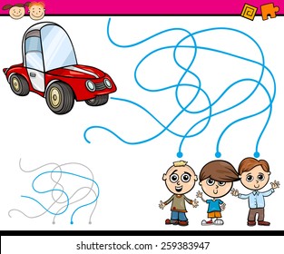 Cartoon Vector Illustration of Education Path or Maze Game for Preschool Children with Boys and Car