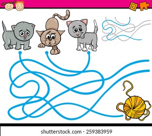 Cartoon Vector Illustration of Education Path or Maze Game for Preschool Children with Cats and Yarn