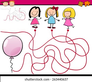 Cartoon Vector Illustration of Education Paths or Maze Game for Preschool Children