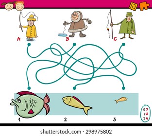 Cartoon Vector Illustration of Education Paths or Maze Game for Preschool Children with Anglers and Fish