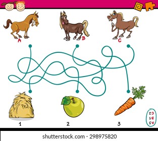 Cartoon Vector Illustration of Education Paths or Maze Game for Preschool Children with Horses and Food