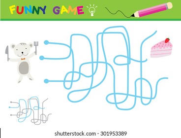 Cartoon Vector Illustration of Education Paths 
or Maze Game for Preschool Children with Children and Present with bear and cake