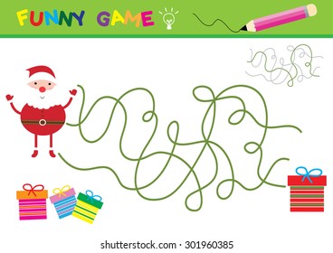 Cartoon Vector Illustration of Education Paths 
or Maze Game for Preschool Children with Children and Present ,Santa Claus and gifts