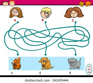 Cartoon Vector Illustration of Education Paths or Maze Puzzle Task for Preschoolers with Children and Pets