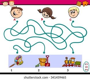Cartoon Vector Illustration of Education Paths or Maze Puzzle Task for Preschoolers with Children and Toys