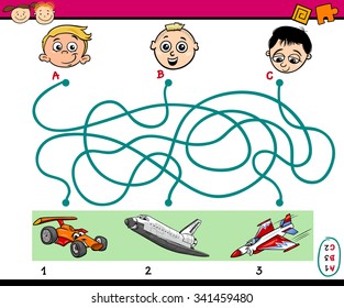 Cartoon Vector Illustration of Education Paths or Maze Puzzle Task for Preschoolers with Boys and Vehicles