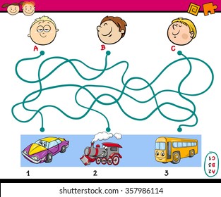 Cartoon Vector Illustration of Education Paths Puzzle Task for Preschoolers with Boys and Vehicles